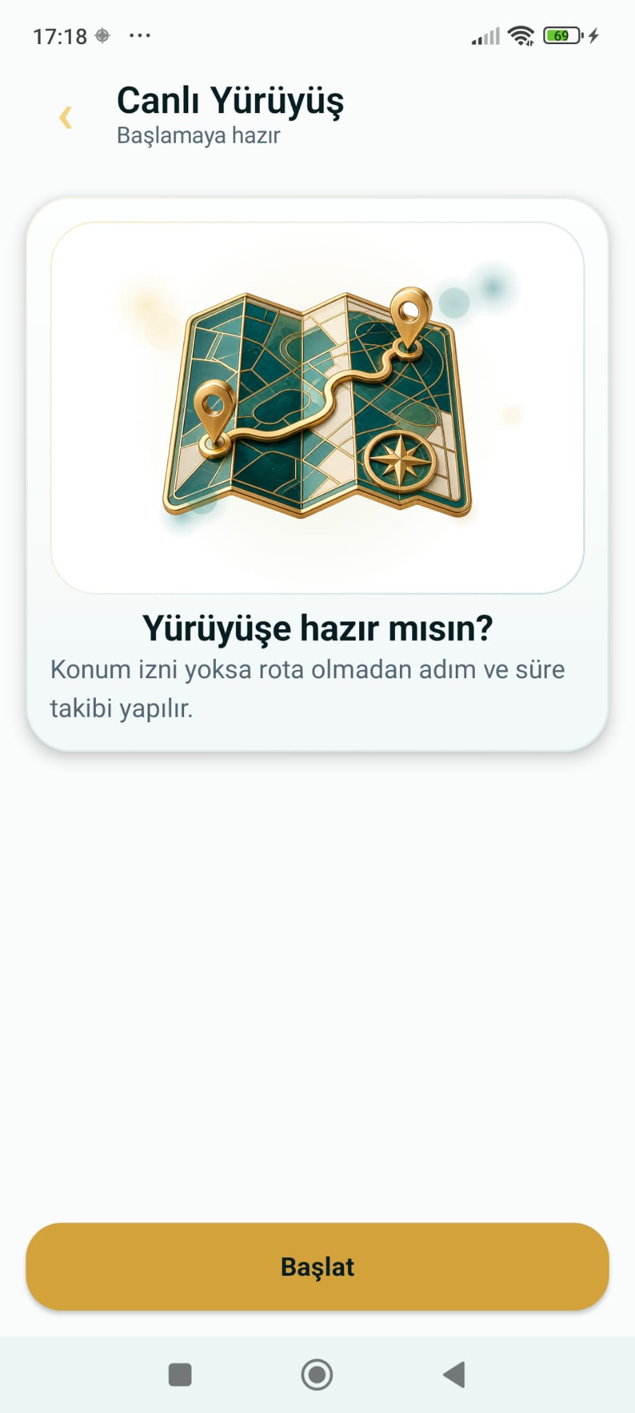 Canlı yürüyüş başlangıç ekranı